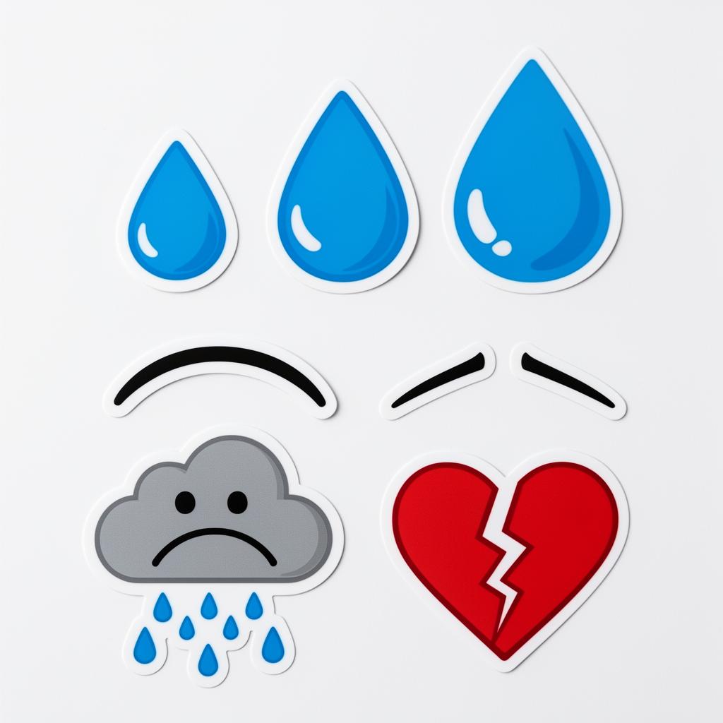 The Waterworks Pack - vinyl sticker collection with tear drops, sad eyebrows, frown mouth, rain cloud, and broken heart