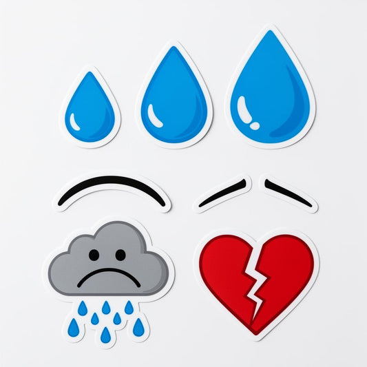 The Waterworks Pack - vinyl sticker collection with tear drops, sad eyebrows, frown mouth, rain cloud, and broken heart